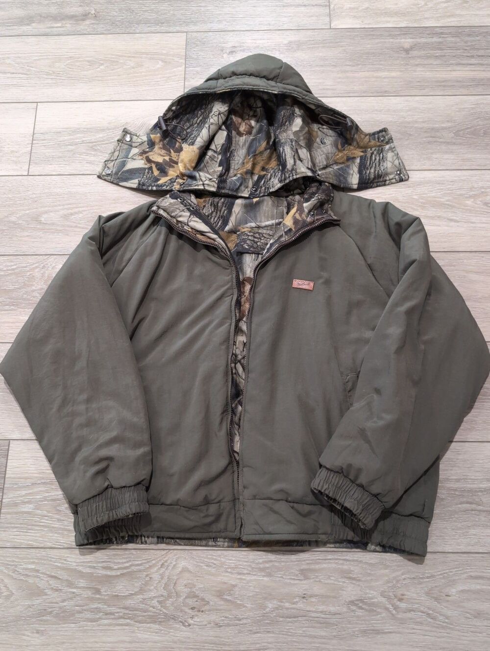 WOOLRICH MENS XL REVERSIBLE GREEN/CAMO THERMORE INSULATION HOODED JACKET GUC